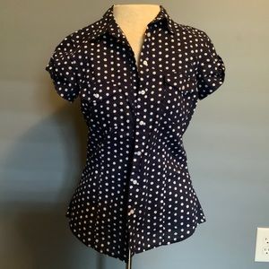 H&M Navy Blue Polka Dot Cap Sleeve Button Down